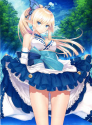 Rule 34 | absurdres, blonde hair, blue eyes, butterfly hair ornament, clothes lift, day, dress, dress lift, elf, hair ornament, highres, kirika towa alma, long hair, pointy ears, shining (series), shining resonance, shining resonance collection of visual materials, solo, standing, tony taka