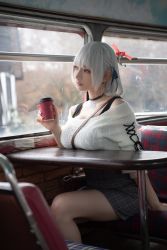 Rule 34 | 1girl, absurdres, bag, black choker, breast press, breasts, choker, coffee cup, cosplay, cosplay photo, cup, disposable cup, drink, green eyes, hair behind ear, handbag, highres, holding, holding drink, hololive, large breasts, looking to the side, looking up, parted lips, photo (medium), plaid, plaid skirt, restaurant, sakurai (angelia lapin), shirogane noel, shirogane noel (casual), shirogane noel (cosplay), short hair, sitting, skirt, solo, virtual youtuber