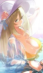 Rule 34 | 1girl, bikini, blue archive, breasts, breasts out, clothes pull, commentary, green eyes, grey hair, grin, halo, halterneck, hat, heart, heart-shaped pupils, highres, huge breasts, looking at viewer, navel, nonomi (blue archive), nonomi (swimsuit) (blue archive), outdoors, side-tie bikini bottom, skindentation, smile, solo, stomach, sun hat, swimsuit, symbol-shaped pupils, tatara (alnath may), water, yellow bikini