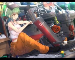Rule 34 | 10s, 2girls, :3, :q, bare arms, bare shoulders, barrel, black footwear, blunt bangs, bow, box, cable, cannon, cardboard box, carton, chain, closed mouth, cuon (kuon), drill, electric fan, extension cord, fairy (kancolle), green bow, green hair, hair bow, hammer, helmet, industrial pipe, kantai collection, ladder, letterboxed, machinery, mallet, mask, mask on head, mechanical parts, mini person, minigirl, miss cloud, multiple girls, orange pants, pants, power drill, power tool, rensouhou-chan, rensouhou-kun, robot, shelf, shirt, shoes, short hair, sitting, sleeveless, smile, tank top, tongue, tongue out, turret, watermark, web address, welding mask, white shirt, wrench, yellow eyes, yuubari (kancolle)
