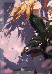 Rule 34 | 2girls, absurdres, arm around waist, black jacket, black skirt, blonde hair, blush, character request, cherry blossoms, collared shirt, copyright request, curtains, flower, green eyes, hair flower, hair ornament, highres, jacket, kootee-on, long hair, long sleeves, looking at another, looking up, miniskirt, multiple girls, necktie, pleated skirt, red necktie, shirt, skirt, solo focus, twintails, white flower, white shirt, wing collar, yuri