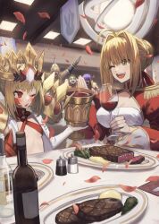 Rule 34 | 2girls, 3boys, \o/, ahoge, arms up, blonde hair, bottle, breasts, brown hair, caligula (fate), cleavage, crown, cup, dinner, drinking glass, epaulettes, falling petals, fate/grand order, fate (series), food, green eyes, hair intakes, helmet, highres, janoukyo19, gaius julius caesar (fate), meat, medium breasts, multiple boys, multiple girls, nero claudius (fate), nero claudius (fate) (all), nero claudius (fate/extra), one eye closed, outstretched arms, petals, purple hair, queen draco (fate), red eyes, romulus (fate), small breasts, wine bottle, wine glass