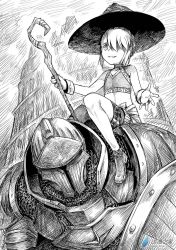 Rule 34 | 1boy, 1girl, armor, belt, bracelet, chainmail, comic, flat chest, greyscale, hair over one eye, hat, helmet, jewelry, madjian, monochrome, original, shaded face, shoes, sitting, sitting on person, smile, staff, watermark, web address