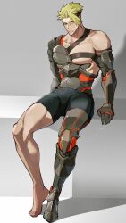 Rule 34 | 1boy, absurdres, achilles (fate), angry, arm support, bags under eyes, barefoot, black shorts, brown eyes, closed mouth, collarbone, fate/apocrypha, fate (series), frown, full body, green hair, grey background, haruakira, highres, large pectorals, looking at viewer, male focus, muscular, muscular male, pectorals, prosthesis, prosthetic arm, prosthetic leg, short hair, shorts, simple background, sitting, solo, undercut