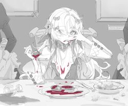 Rule 34 | 3girls, belt collar, bib, blood, blood on face, blood on hands, bow, bowl, collar, commentary, cup, dining room, drinking glass, dripping, empty eyes, fang, flower, food, fork, greyscale, hair bow, hair flower, hair ornament, hair over one eye, hands up, highres, holding, holding fork, isekai joucho, juliet sleeves, kamitsubaki studio, licking, licking finger, long hair, long sleeves, looking at viewer, maid, messy hair, monochrome, multiple girls, multiple hair bows, on chair, open mouth, out of frame, picture frame, plate, puffy sleeves, reverse grip, salad, shrug (clothing), sitting, solo focus, spill, spot color, steak, table, tongue, tongue out, very long hair, virtual youtuber, wide sleeves, wine glass, zzzearly