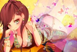 Rule 34 | 1girl, bad id, bad pixiv id, bare shoulders, bracelet, breasts, brown hair, bug, butterfly, cleavage, earrings, green eyes, insect, jewelry, long hair, looking at viewer, medium breasts, nail polish, original, solo, yugaa