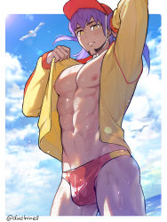Rule 34 | 1boy, abs, baseball cap, blush, border, bright pupils, bulge, cloud, commentary request, cowboy shot, creatures (company), dark-skinned male, dark skin, day, facial hair, from below, game freak, gen 3 pokemon, hands up, hat, jacket, leon (pokemon), long hair, long sleeves, looking at viewer, male focus, male swimwear, meiji (meiji770), nintendo, nipples, open clothes, open jacket, outdoors, parted lips, pectorals, pokemon, pokemon (creature), pokemon swsh, purple hair, red headwear, red male swimwear, sky, standing, swim briefs, thighs, twitter username, water, wet, white border, white pupils, wingull, yellow eyes, yellow jacket