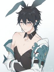 Rule 34 | 1boy, animal ears, armor, artist name, asymmetrical eyeliner, black hair, black leotard, blush, closed mouth, crossed arms, dan heng (honkai: star rail), detached collar, earrings, embarrassed, extra ears, eyeliner, highres, honkai: star rail, honkai (series), hsiang ning, jacket, jewelry, leotard, makeup, male focus, male playboy bunny, open clothes, open jacket, pauldrons, rabbit ears, red eyeliner, short hair, shoulder armor, simple background, single off shoulder, single pauldron, sleeves rolled up, solo, strapless, strapless leotard, sweat, upper body, white background, white jacket, zipper