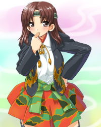 Rule 34 | 10s, 1girl, blush, brown eyes, brown hair, camouflage, chiyoda (kancolle), dd (ijigendd), hand on own hip, headband, kantai collection, short hair, skirt, smile, solo