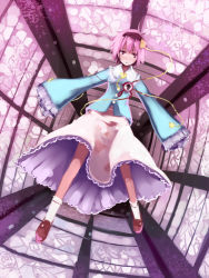 Rule 34 | 1girl, chireiden, dress, female focus, floating, komeiji satori, no nose, outstretched arms, pink eyes, pink hair, pink theme, short hair, solo, spread arms, stained glass, staring, touhou, ushiki yoshitaka