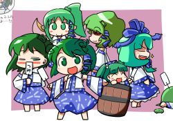 Rule 34 | 6+girls, :d, ^ ^, antennae, blush, blush stickers, bucket, c:, closed eyes, color connection, cosplay, daiyousei, detached sleeves, closed eyes, female focus, frog, front ponytail, green eyes, green hair, hair bobbles, hair ornament, hair ribbon, in bucket, in container, japanese clothes, kagiyama hina, kazami yuuka, kisume, kochiya sanae, kochiya sanae (cosplay), miko, multiple girls, one eye closed, open mouth, red eyes, ribbon, shiki eiki, short hair, side ponytail, smile, snake, sparkle, touhou, twintails, ugif, wings, wink, wriggle nightbug