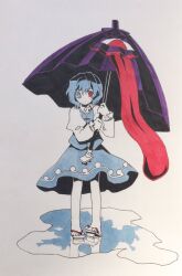 Rule 34 | 1girl, blue eyes, blue hair, blue skirt, blue vest, closed mouth, colored skin, commentary request, flat chest, frilled sleeves, frills, full body, geta, heterochromia, holding, holding umbrella, juliet sleeves, kaigen 1025, long sleeves, marker (medium), no nose, puddle, puffy sleeves, purple umbrella, red eyes, shirt, short hair, simple background, skirt, solo, tatara kogasa, touhou, traditional media, umbrella, vest, white background, white shirt, white skin