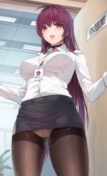 Rule 34 | 1girl, :d, blouse, breasts, choker, collared shirt, damda, fate/grand order, fate (series), from below, hair intakes, id card, lanyard, large breasts, long hair, long sleeves, looking at viewer, no bra, office, office lady, open mouth, panties, pantyhose, pantyshot, pencil skirt, purple hair, red eyes, scathach (fate), shirt, shirt tucked in, skirt, smile, solo, standing, underwear, white shirt