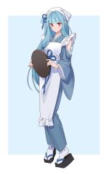 Rule 34 | 1girl, adapted costume, apron, blue background, blue hair, blue kimono, blue ribbon, blunt bangs, blush, border, clothing cutout, commentary request, dot mouth, full body, hair intakes, hair ribbon, highres, holding, holding tray, japanese clothes, kimono, kotonoha aoi, long hair, long sleeves, looking at viewer, low-tied sidelocks, maid, maid apron, moya (toatomoot), obijime, okobo, open mouth, outside border, red eyes, ribbon, sandals, shoulder cutout, sidelocks, simple background, smile, socks, solo, standing, tabi, tenugui, tray, two-handed, voiceroid, wa maid, white apron, white border, white socks, wide sleeves