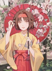 Rule 34 | 1girl, branch, brown eyes, brown hair, cherry blossoms, creatures (company), erika (pokemon), flower, game freak, gym leader, hairband, hakama, hakama skirt, hand in own hair, hand up, headband, holding, holding umbrella, japanese clothes, kimono, long sleeves, looking at viewer, nintendo, oil-paper umbrella, outdoors, parted lips, petals, pink flower, pokemon, pokemon frlg, red hairband, red hakama, short hair, skirt, smile, solo, standing, umbrella, upper body, wide sleeves, yellow kimono, yueko (jiayue wu)