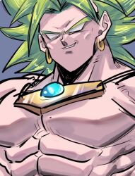 Rule 34 | 1boy, 9302w (user wjpg8475), broly (dragon ball z), dragon ball, dragonball z, earrings, gem, grey background, grin, jewelry, large pectorals, legendary super saiyan, looking at viewer, male focus, muscular, muscular male, no pupils, pectorals, simple background, smile, spiked hair, super saiyan, topless male, upper body