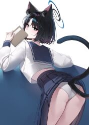 1girl absurdres animal_ear_fluff animal_ears ass bent_over black_hair black_sailor_collar black_skirt blue_archive blue_halo book cat_ears cat_girl cat_tail clothes_lift commentary_request from_behind halo highres holding holding_book kikyou_(blue_archive) korean_commentary long_sleeves looking_at_viewer looking_back midriff_peek multiple_tails nekomata panties raki_kr sailor_collar school_uniform serafuku shirt short_hair simple_background skirt skirt_lift solo sweat tail thighs two_tails underwear white_background white_panties white_shirt