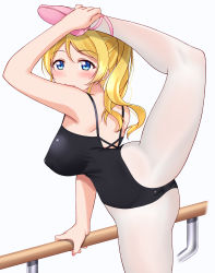Rule 34 | 1girl, absurdres, athletic leotard, ayase eli, balance bar, black leotard, blonde hair, blue eyes, cameltoe, commentary request, contortion, cowboy shot, flexible, highres, horizontal bar, leg up, leotard, long hair, looking at viewer, love live!, love live! school idol project, mobukichi, pantyhose, pink footwear, ponytail, cameltoe, simple background, solo, standing, standing on one leg, twisted torso, white background, white pantyhose