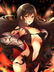 Rule 34 | 1girl, bad id, bad pixiv id, bare shoulders, black dress, black jacket, blush, breasts, brown hair, center opening, choker, cleavage, collarbone, dress, earrings, fang, fate/grand order, fate (series), fire, fur trim, highres, hip focus, jacket, jewelry, long hair, looking at viewer, medium breasts, melings (aot2846), navel, off shoulder, open mouth, red eyes, revealing clothes, smile, solo, strapless, strapless dress, very long hair, yu mei-ren (fate)
