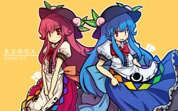 Rule 34 | 2girls, alternate color, bad id, bad pixiv id, blue hair, blush, bow, cutting (mkjtl), dual persona, female focus, food, frills, fruit, hat, highres, hinanawi tenshi, jeolchwiseon (dotted line), leaf, long hair, long skirt, multiple girls, open mouth, peach, red eyes, red hair, short sleeves, skirt, smile, touhou, very long hair, yukinon