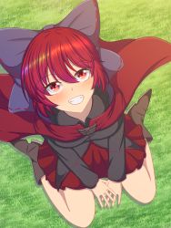 Rule 34 | 1girl, absurdres, baketsumuri, black shirt, blue bow, blush, boots, bow, cape, cloak, collarbone, commentary request, grass, grin, hair bow, high collar, highres, long sleeves, looking at viewer, looking up, miniskirt, red cape, red cloak, red eyes, red hair, red skirt, sekibanki, shirt, short hair, sitting, skirt, smile, solo, thighs, touhou, wariza