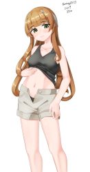 Rule 34 | 1girl, absurdres, black panties, black tank top, blunt bangs, brown hair, brown shorts, clothes lift, collarbone, feet out of frame, green eyes, headgear, helena (kancolle), highres, kantai collection, lifted by self, long hair, maru (marg0613), navel, one-hour drawing challenge, open fly, panties, shirt lift, shorts, simple background, tank top, underwear, white background