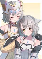 2girls absurdres animal_ear_fluff animal_ears blush breasts camisole cat_ears chest_jewel cleavage ear_covers eteko_(eteco30) facial_mark gloves grey_hair hands_on_another&#039;s_shoulders highres jacket mio_(xenoblade) mother_and_daughter multiple_girls nia_(xenoblade) short_hair smile upper_body whisker_markings white_camisole white_gloves white_jacket xenoblade_chronicles_(series) xenoblade_chronicles_3 yellow_eyes