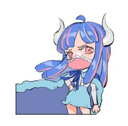 Rule 34 | 1girl, ahoge, blue cape, blue hair, blue skirt, cape, covered mouth, curled horns, dinosaur girl, horns, jewelry, long hair, lowres, mask, mouth mask, multicolored hair, necklace, one piece, pink eyes, pink hair, pink mask, raine (acke2445), shirt, skirt, solo, streaked hair, ulti (one piece), white shirt