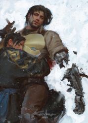 Rule 34 | 2boys, armor, artist name, beard, black hair, blood, breastplate, broken, brown hair, cassidy (overwatch), cigar, closed mouth, cowboy shot, cyborg, facial hair, gloves, half-closed eyes, hanzo (overwatch), head on chest, holding, holding cigar, hug, jacket, japanese clothes, krabat, lips, looking to the side, lying, male focus, manly, multiple boys, on back, overwatch, overwatch 1, pants, parted lips, ponytail, prosthesis, prosthetic arm, realistic, short hair, signature, snow, snowing, wing collar