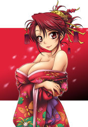 Rule 34 | 1girl, bare shoulders, blush, breast hold, breasts, cleavage, collarbone, crossed arms, hair ornament, japanese clothes, kimono, large breasts, lipstick, long hair, makeup, off shoulder, onizuka takuto, original, red eyes, red hair, smile, solo, tassel