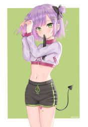 Rule 34 | 1girl, absurdres, adjusting hair, alternate hairstyle, black bow, black shorts, blunt bangs, blush, bow, character name, clover (cloversoya), cropped jacket, demon tail, ear piercing, green eyes, hair bow, hair ornament, hair rings, hairclip, heart, heart tattoo, highres, hololive, midriff, mouth hold, navel, navel piercing, piercing, pointy ears, purple hair, short hair, shorts, sidelocks, solo, tail, tattoo, tokoyami towa, twitter username, virtual youtuber, x hair ornament