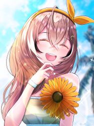 Rule 34 | 1girl, ahoge, alternate costume, blurry, blurry background, brown hair, closed eyes, cloud, cloudy sky, crossed bangs, dress, fingernails, flower, hair ribbon, highres, hololive, hololive english, laughing, lily lily, long hair, multicolored hair, nanashi mumei, orange ribbon, ribbon, sky, smile, sparkle, streaked hair, sundress, sunflower, teeth, tree, upper teeth only, very long hair, virtual youtuber