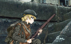 Rule 34 | 1917 (film), 1girl, bandaged hand, bandages, blonde hair, blood, blue eyes, bolt action, braid, braided bun, canteen, commentary, darjeeling (girls und panzer), dated, girls und panzer, gun, gun sling, hair bun, helmet, highres, house, lee-enfield, load bearing equipment, military, military uniform, on one knee, outdoors, profile, qian, rifle, serious, short hair, signature, smle, soldier, solo, trigger discipline, uniform, wall, war, weapon