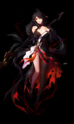 Rule 34 | 1girl, :d, absurdres, ara haan, bare shoulders, black background, black gloves, black hair, black legwear, breasts, brown eyes, cleavage, devi (elsword), elbow gloves, elsword, gloves, hair between eyes, hair over one eye, highres, holding, large breasts, long hair, looking at viewer, open mouth, signature, simple background, smile, solo, swd3e2, thighs