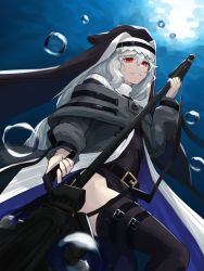 Rule 34 | 1girl, air bubble, arknights, black capelet, black coat, black dress, black footwear, black headwear, boots, bubble, capelet, circular saw, coat, cowboy shot, dress, garter straps, habit, hair between eyes, highres, holding, holding weapon, jewelry, long hair, looking at viewer, nun, pelvic curtain, red eyes, saw, silver hair, smile, specter (arknights), thigh boots, thighhighs, thighs, underwater, wagachop, weapon, zettai ryouiki