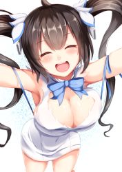 Rule 34 | 10s, 1girl, :d, ^ ^, ahoge, armpits, black hair, blue bow, blue eyes, blue ribbon, blush, bow, breasts, brown hair, cleavage, cleavage cutout, closed eyes, clothing cutout, covered navel, dress, dungeon ni deai wo motomeru no wa machigatteiru darou ka, closed eyes, facing viewer, female focus, hair ornament, happy, hestia (danmachi), highres, igayan, large breasts, leaning forward, long hair, open mouth, rei no himo, ribbon, skindentation, smile, solo, textless version, twintails, white dress