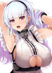 Rule 34 | 1girl, anchor choker, armpits, arms up, azur lane, black hairband, blush, breasts, center frills, choker, clothing cutout, dido (azur lane), earrings, frilled choker, frills, hairband, heart, heart earrings, jewelry, kanzaki kureha, lace-trimmed hairband, lace trim, large breasts, long hair, looking at viewer, open mouth, purple eyes, shirt, silver hair, simple background, sleeveless, sleeveless shirt, solo, sweat, tears, trembling, underboob, underboob cutout, white background