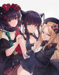 Rule 34 | 3girls, abigail williams (fate), absurdres, bare shoulders, black bow, black dress, black headwear, blonde hair, blue eyes, blunt bangs, blush, bow, breasts, china dress, chinese clothes, cleavage, closed mouth, commentary, crystalherb, detached sleeves, dress, fate/grand order, fate (series), forehead, fur collar, hair bow, hair ornament, hairpin, hat, highres, holding hands, huge filesize, japanese clothes, katsushika hokusai (fate), kimono, large breasts, leaf hair ornament, long hair, long sleeves, looking at viewer, medium breasts, multiple girls, multiple hair bows, octopus, orange bow, parted bangs, polka dot, polka dot bow, purple hair, purple kimono, red kimono, ribbed dress, sash, short hair, side slit, sidelocks, small breasts, smile, symbol-only commentary, twintails, very long hair, wide sleeves, yang guifei (fate), yang guifei (second ascension) (fate)