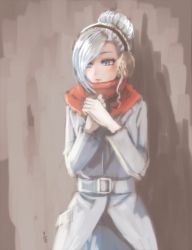 Rule 34 | 1girl, blue eyes, blush, coat, cowboy shot, hair over one eye, own hands clasped, own hands together, painterly, red skirt, rwby, scarf, silver hair, skirt, solo, sumiwow, trench coat, winter schnee
