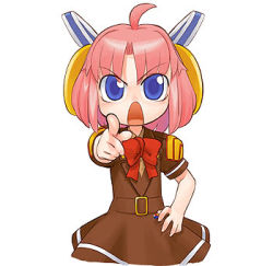Rule 34 | 1girl, ahoge, angry, belt, blue eyes, bow, dress, hand on own hip, hirai yukio, lowres, maritan, military, open mouth, pink hair, pixel maritan, pointing, ribbon, short hair, simple background, solo