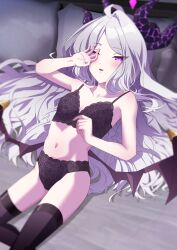 Rule 34 | 1girl, absurdres, ahoge, alternate costume, armpits, ass, bed, bed sheet, black bra, black panties, black thighhighs, blue archive, bra, collarbone, commentary request, covering one eye, demon girl, demon horns, demon wings, forehead, halo, highres, hina (blue archive), horns, long hair, looking at viewer, lying, navel, on back, on bed, panties, parted bangs, parted lips, purple eyes, sidelocks, simple background, skybeat, sleeveless, solo, stomach, thighhighs, underwear, waking up, wavy hair, white hair, wings
