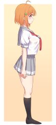 Rule 34 | 1girl, absurdres, ahoge, arms at sides, black socks, border, breasts, closed mouth, from side, full body, gradient background, grey sailor collar, grey skirt, hair ornament, highres, large breasts, linatai, looking ahead, love live!, love live! sunshine!!, miniskirt, neckerchief, no shoes, orange background, orange hair, outside border, pleated skirt, red eyes, red neckerchief, sailor collar, school uniform, serafuku, shirt, short hair, short sleeves, skirt, smile, socks, solo, standing, takami chika, white shirt