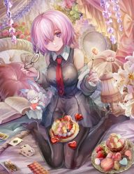 Rule 34 | 1girl, bare shoulders, black dress, black pantyhose, blush, breasts, card, closed mouth, dress, unworn eyewear, fate/grand order, fate (series), flower, food, fork, fou (fate), fruit, full body, glasses, heart, holding, holding removed eyewear, holding fork, large breasts, light purple hair, long sleeves, macaron, marshmallow, mash kyrielight, necktie, off shoulder, on bed, pantyhose, pillow, playing card, purple eyes, red necktie, short hair, sitting, sleeveless, sleeveless dress, smile, solo, strawberry, torino aqua, wariza