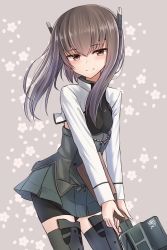 Rule 34 | 10s, 1girl, bike shorts, blush, boots, bow (weapon), brown eyes, brown hair, cowboy shot, cropped jacket, crossbow, floral background, grey background, highres, kantai collection, long sleeves, looking at viewer, matching hair/eyes, pleated skirt, short hair with long locks, sidelocks, skirt, smile, solo, taihou (kancolle), thigh boots, thighhighs, weapon, yakob labo