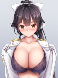 Rule 34 | 1girl, azur lane, black bra, black hair, blush, bow, bra, breasts, brown eyes, cleavage, collarbone, embarrassed, hair bow, hair ribbon, large breasts, long hair, long sleeves, looking at viewer, military, military uniform, open clothes, open shirt, ponytail, ribbon, shirt, solo, takao (azur lane), tapisuke, underwear, uniform, upper body, very long hair, white bow, white ribbon