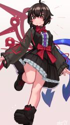 Rule 34 | 1girl, adapted costume, ahoge, antenna hair, asymmetrical wings, black dress, black hair, blush, bow, bowtie, breasts, dress, eyes visible through hair, fang, frills, full body, highres, houjuu nue, medium breasts, pointy ears, red bow, red bowtie, red eyes, red wings, running, simple background, skin fang, sleeves past wrists, smile, solo, standing, standing on one leg, touhou, white background, wings, zakozako y
