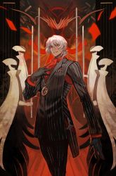 Rule 34 | 1boy, antonio salieri (fate), antonio salieri (second ascension) (fate), ascot, black gloves, black suit, breast pocket, cloak, commentary, fate/grand order, fate (series), formal, gloves, half updo, highres, lack, long sleeves, looking at viewer, pocket, pocket square, red eyes, striped suit, suit, sword, weapon, white hair
