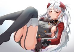 Rule 34 | 1girl, absurdres, antenna hair, ass, azur lane, black gloves, black panties, black thighhighs, blush, breasts, closed mouth, commentary, commentary request, dress, full body, garter straps, gloves, gradient background, grey background, grey dress, grey hair, hair between eyes, headgear, highres, knees up, large breasts, long hair, long sleeves, looking at viewer, lying, moyoron, multicolored hair, no shoes, on back, orange eyes, panties, parted bangs, prinz eugen (azur lane), red hair, sideboob, sleeves past wrists, solo, spot color, streaked hair, thighhighs, two side up, underwear, very long hair, white background