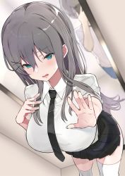 Rule 34 | 1boy, 1girl, absurdres, bad id, bad pixiv id, black neckwear, black skirt, blue eyes, blush, breasts, brother and sister, grey hair, hair between eyes, hair ornament, hairclip, hand on own chest, highres, holding, holding phone, huge breasts, long hair, mitsudoue, necktie, original, phone, pleated skirt, school uniform, shirt, siblings, skirt, solo focus, thighhighs, white shirt, white thighhighs, x hair ornament