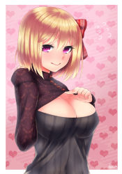 Rule 34 | 1girl, aged up, blonde hair, breasts, buttons, casual, checkered background, cleavage, cleavage cutout, clothing cutout, doyouwantto, hair ribbon, heart, highres, lace, large breasts, long sleeves, looking at viewer, meme attire, open-chest sweater, pink background, purple eyes, ribbed sweater, ribbon, rumia, short hair, signature, smile, solo, sweater, touhou, upper body